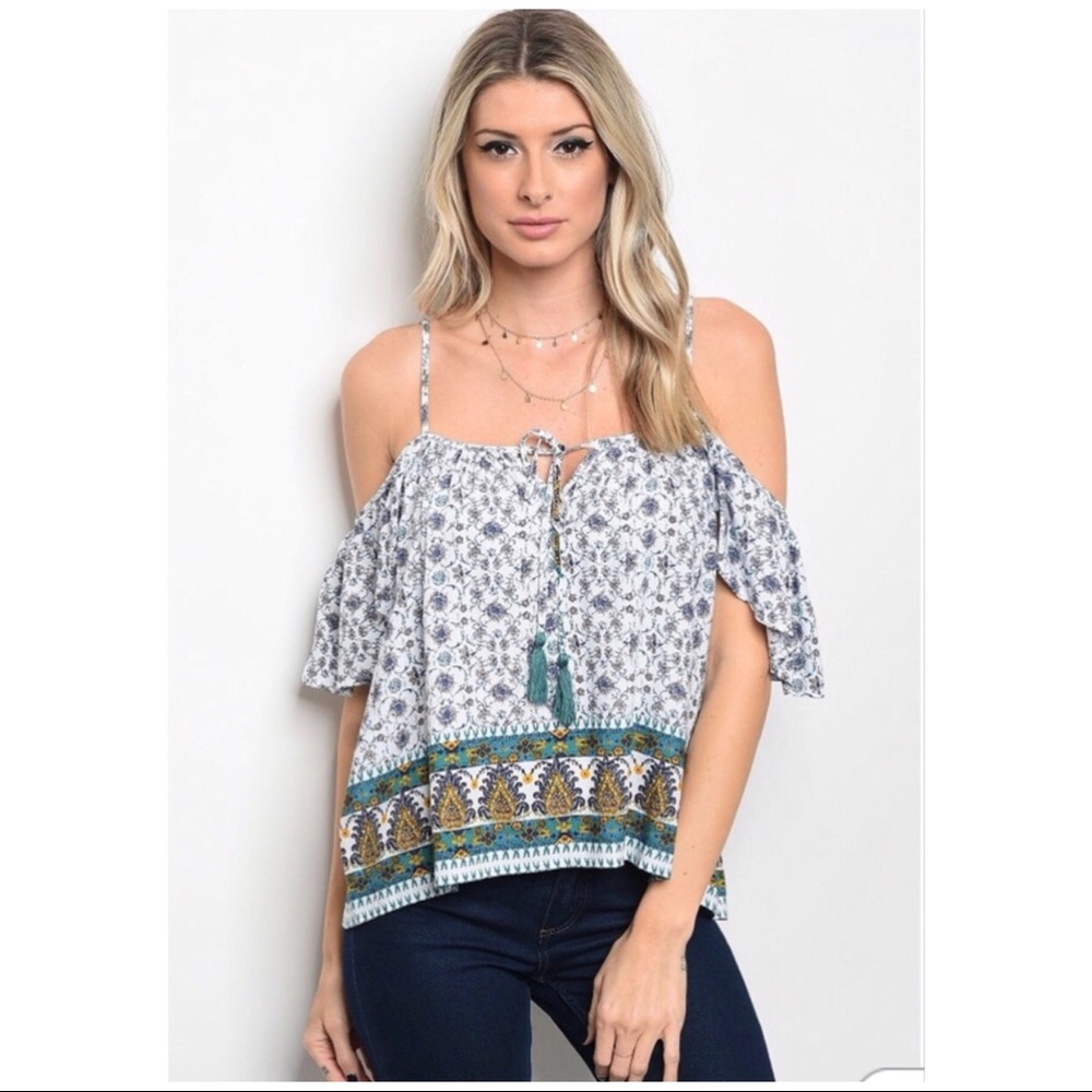 White & Teal Cold Shoulder Printed Top